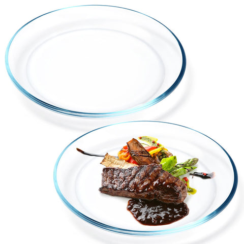 NutriUPS 10-inch glass plate with a lipped edge for sauce containment.