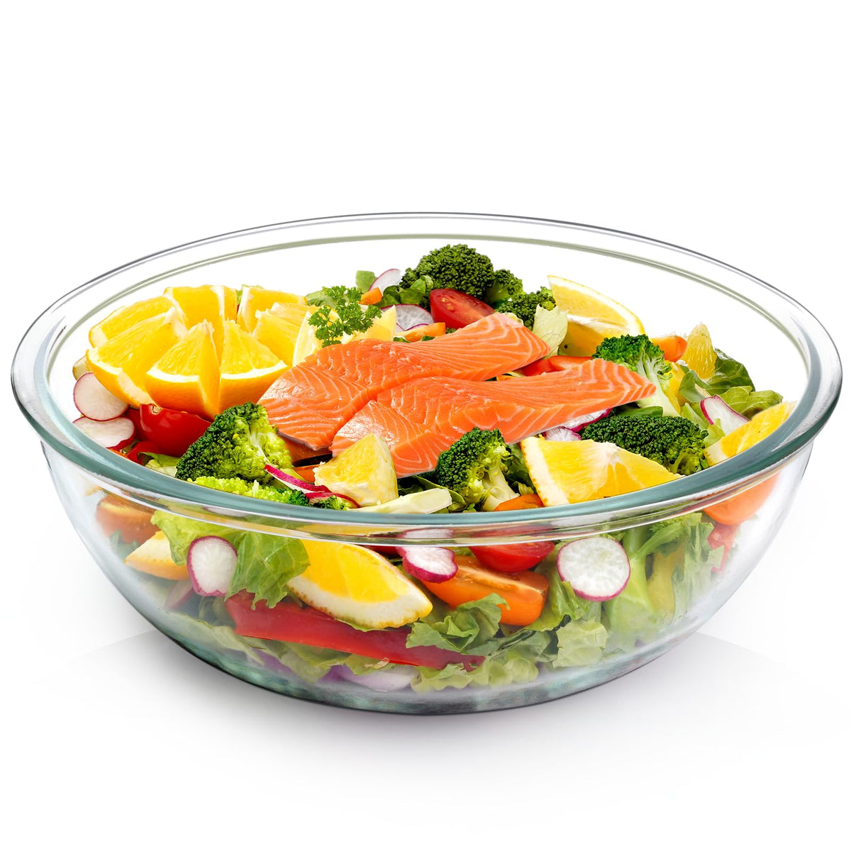 NUTRIUPS 6.3QT glass mixing bowl front view, durable tempered glass for versatile kitchen prep