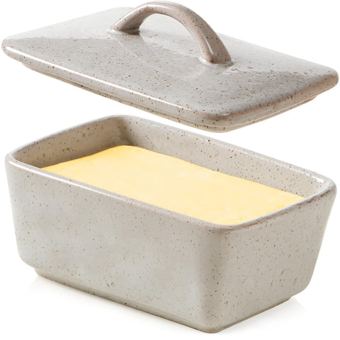 NutriUPS ceramic butter dish with lid on countertop shows vintage European design and freshness.