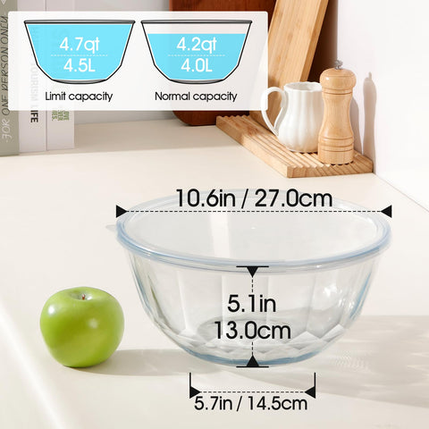 NUTRIUPS deep clear glass bowl for salads and mixing, easy to see contents.