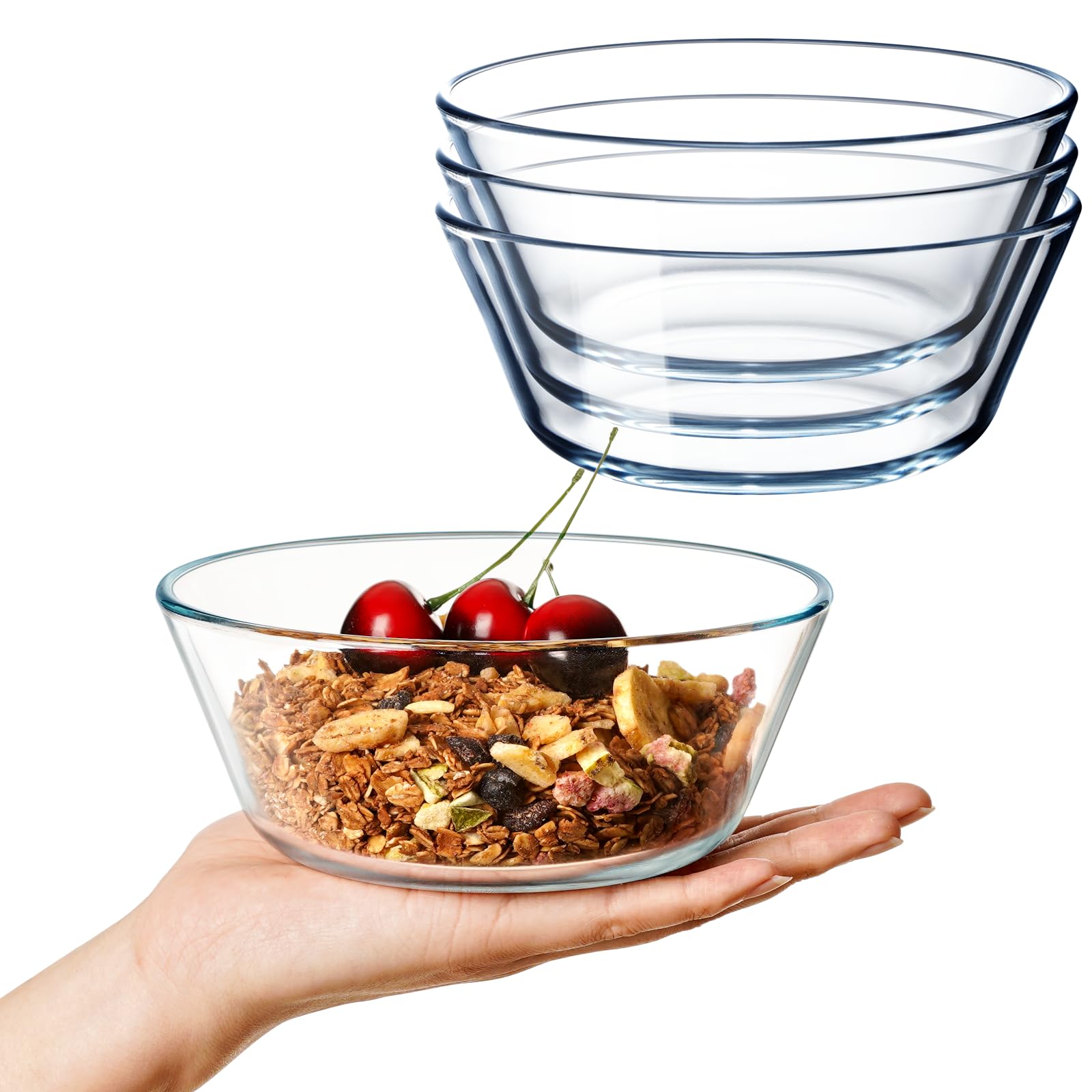 NUTRIUPS 25oz flat-bottom glass bowl ideal for easy pouring and stable serving.