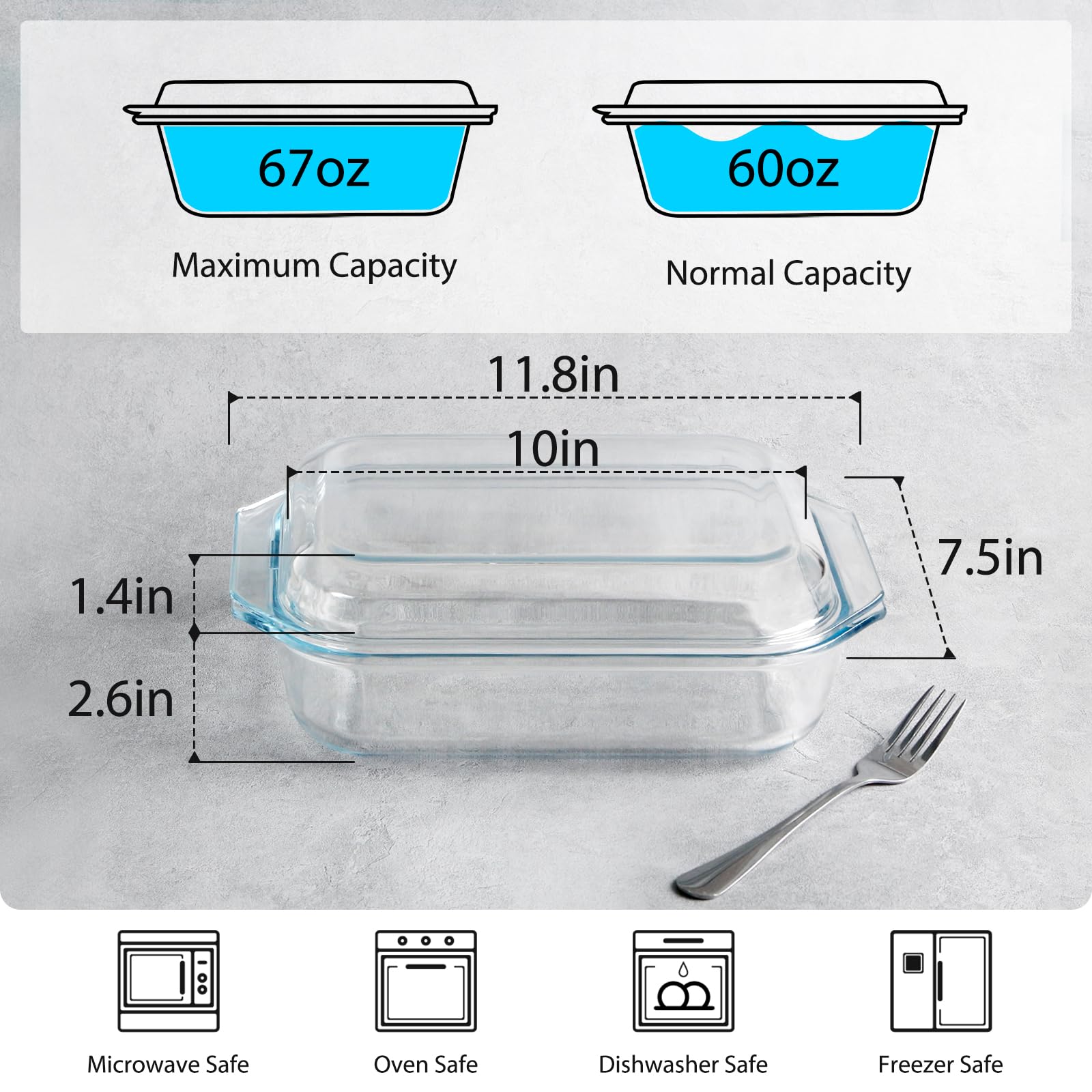 NUTRIUPS glass casserole dish inside view highlights spacious 2-quart capacity.