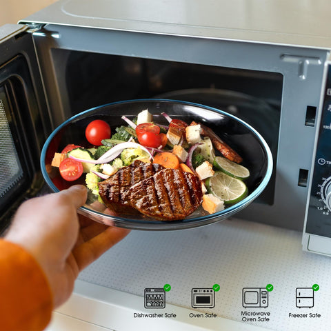 NutriUPS stackable dinner plates save cabinet space during family meals.