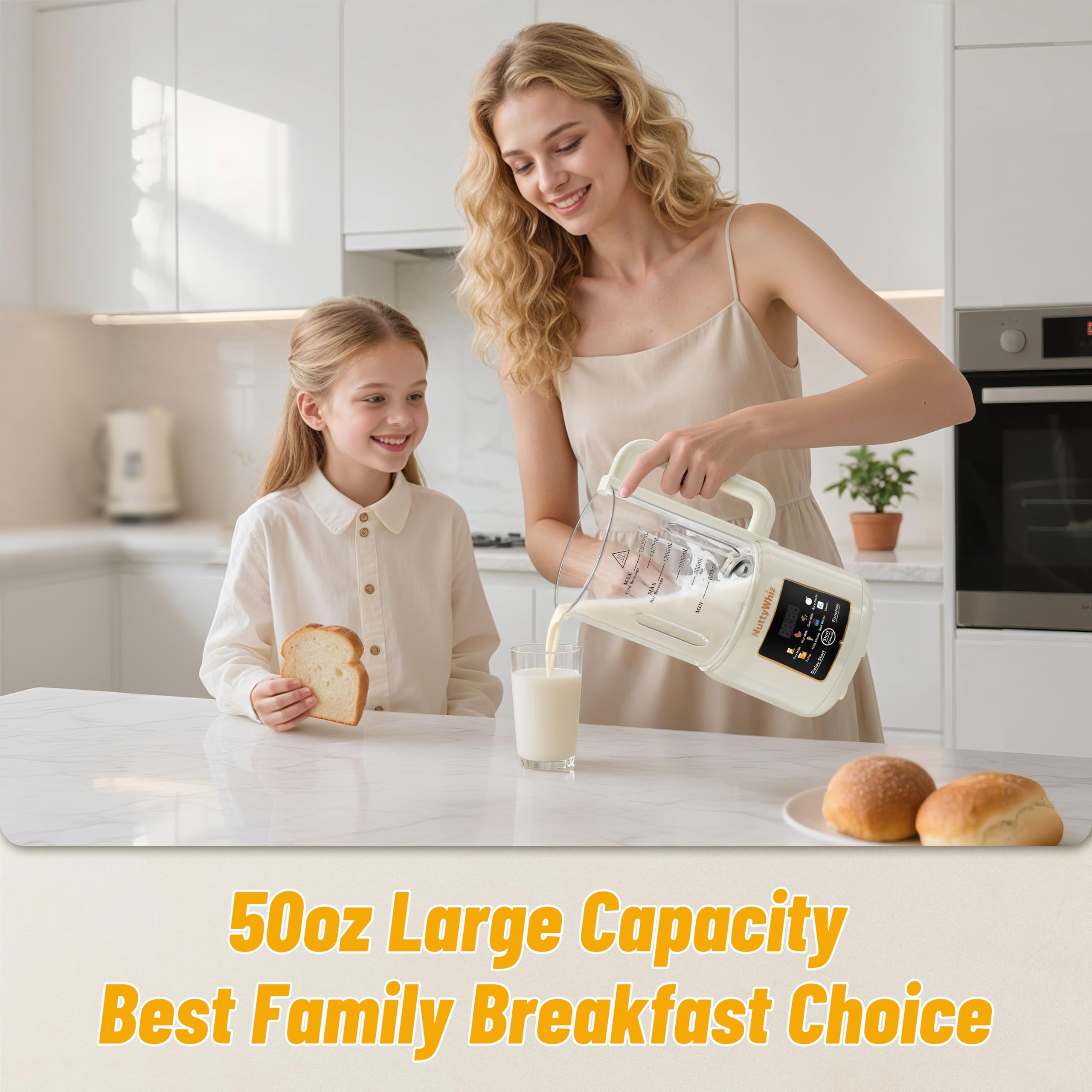 NuttyWhiz 50oz glass pitcher ready for family-friendly plant-based milks.