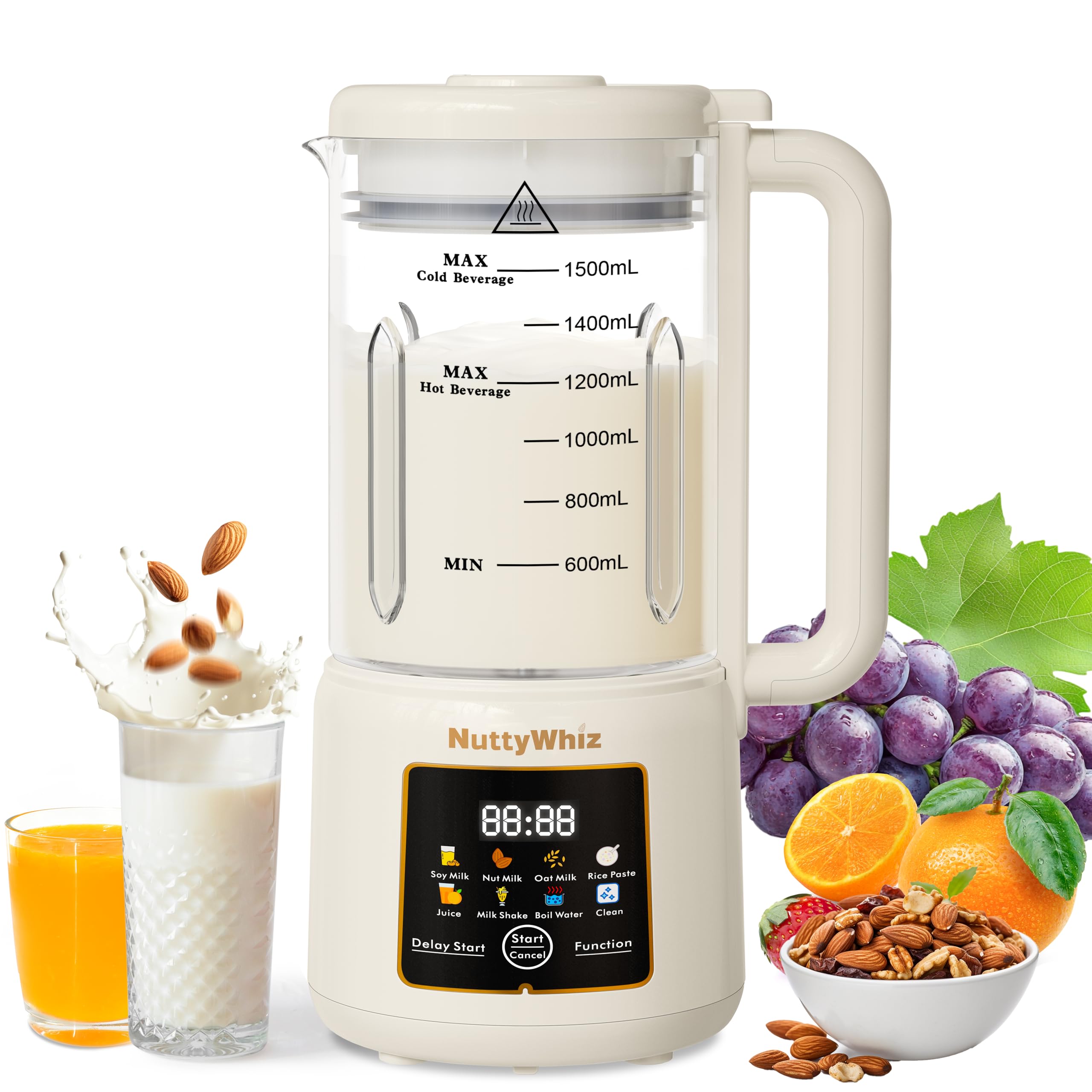 NuttyWhiz 8-in-1 nut milk maker on a kitchen counter for quick plant-based drinks.