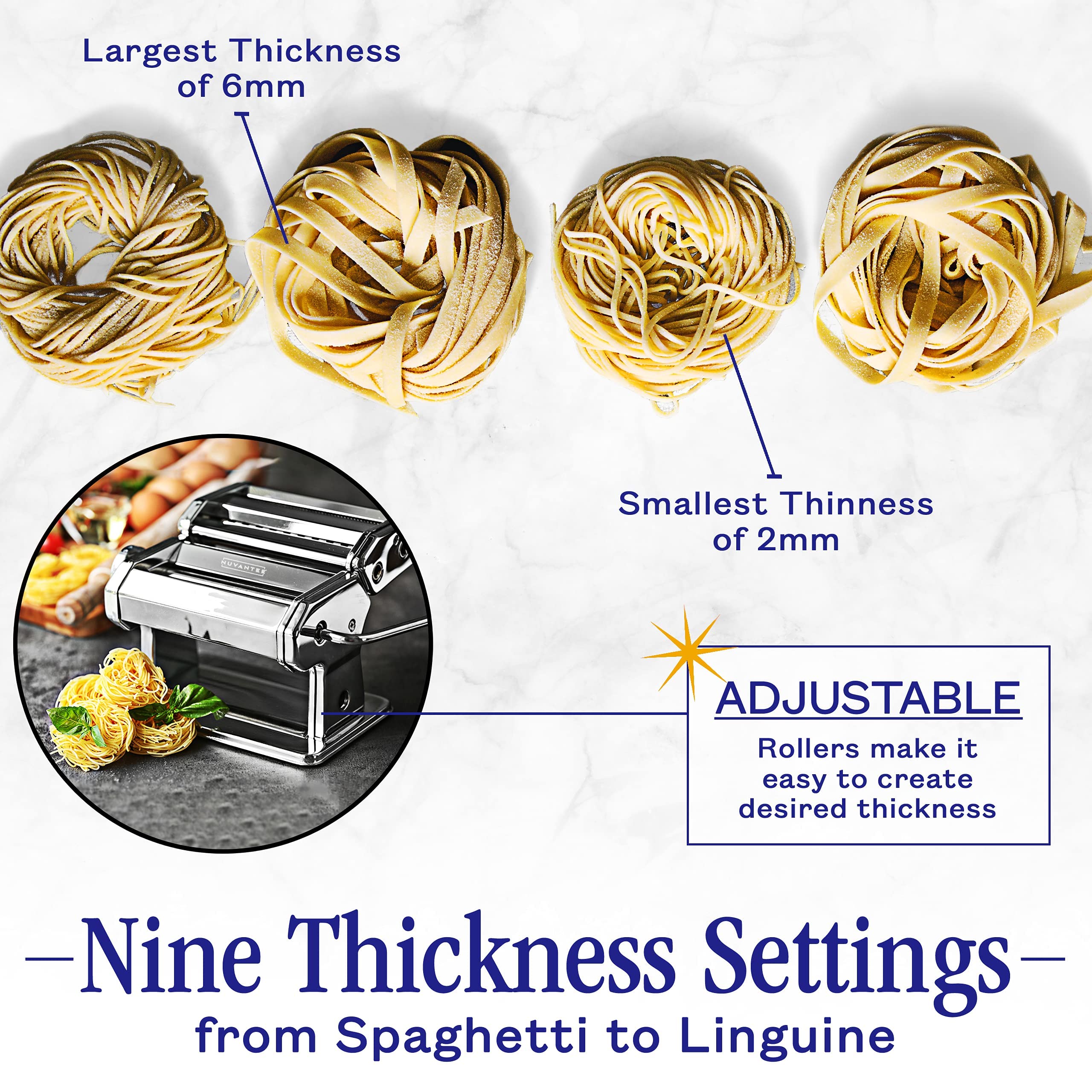 Nuvantee pasta maker cutter prepares 6 mm noodles for wide pasta.