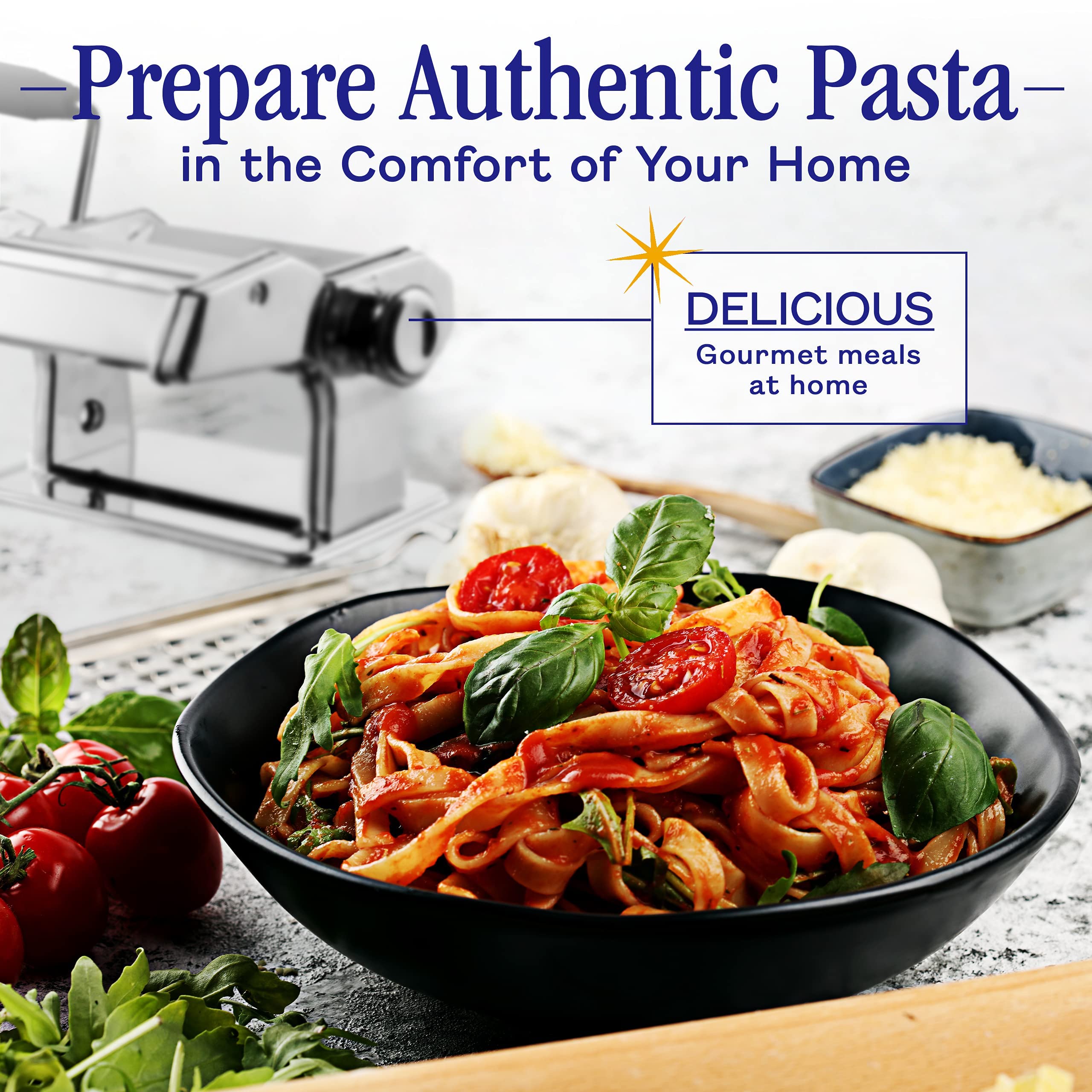 Stainless steel body of Nuvantee pasta maker reflects premium materials.