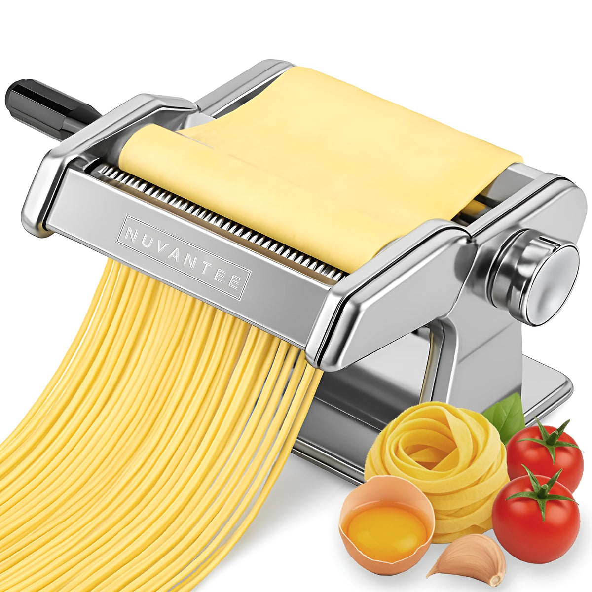 Nuvantee pasta maker with rollers showing seven thickness settings for versatile pasta.
