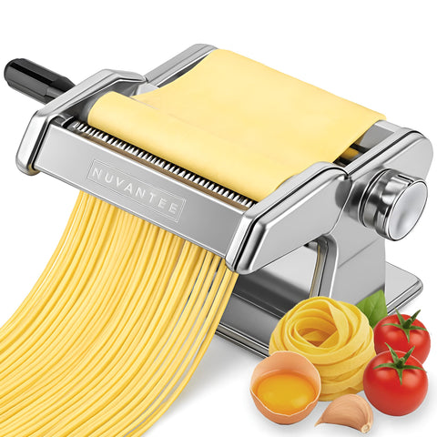 Nuvantee pasta maker with rollers showing seven thickness settings for versatile pasta.