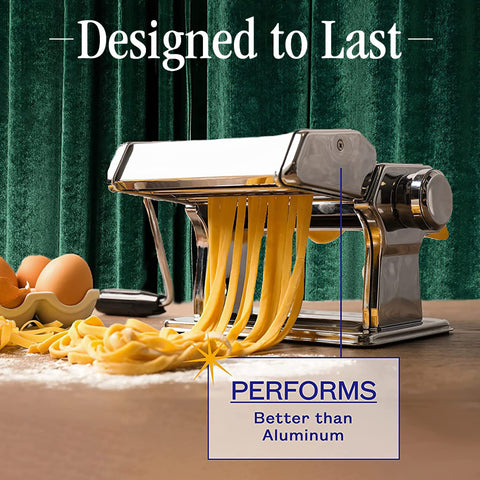Nuvantee pasta maker cutter in action for 2 mm noodles.