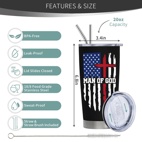 NVFCC Man of God 20oz tumbler showing slide-open lid for easy sipping.
