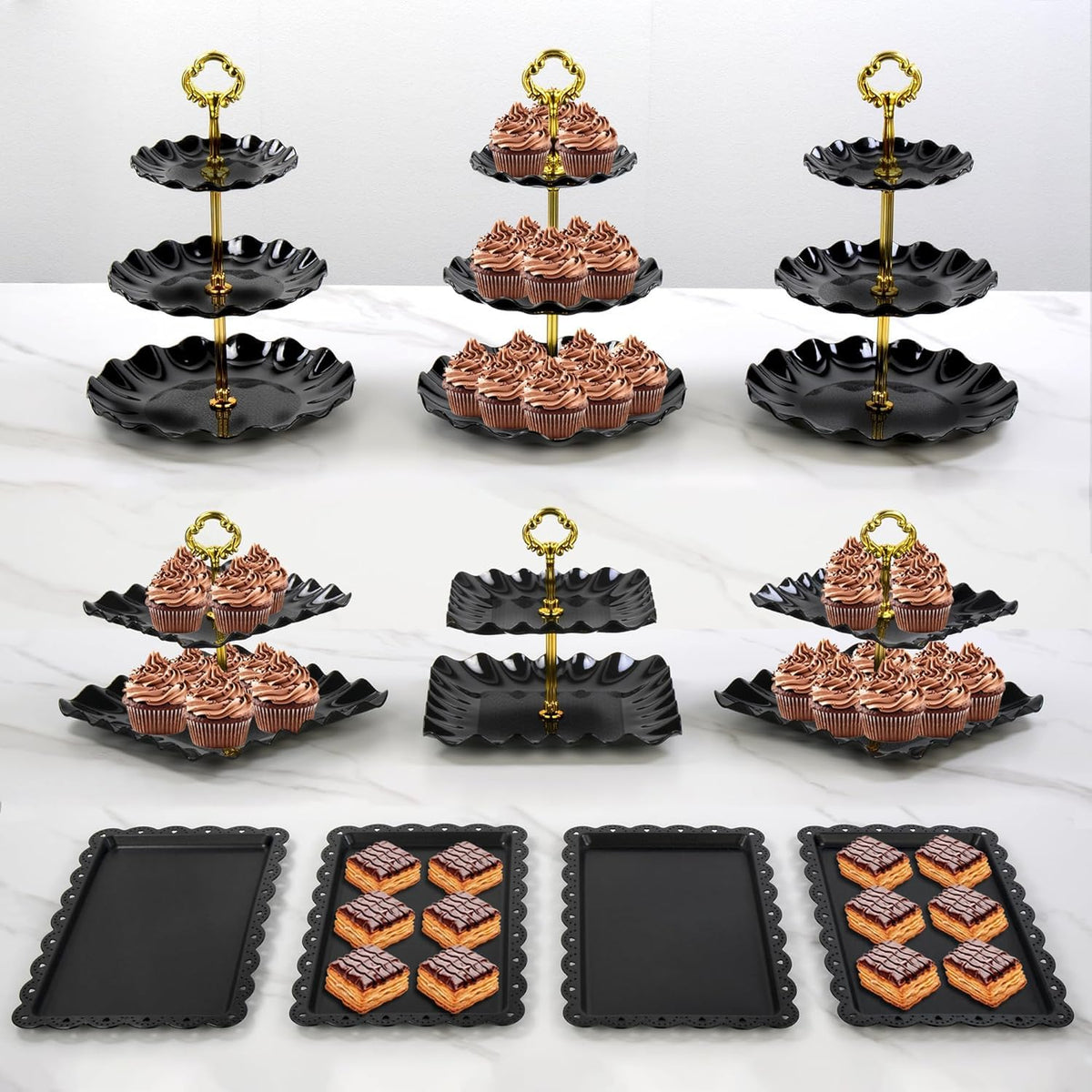 NWK three-tier black cake stands elevate dessert display for events