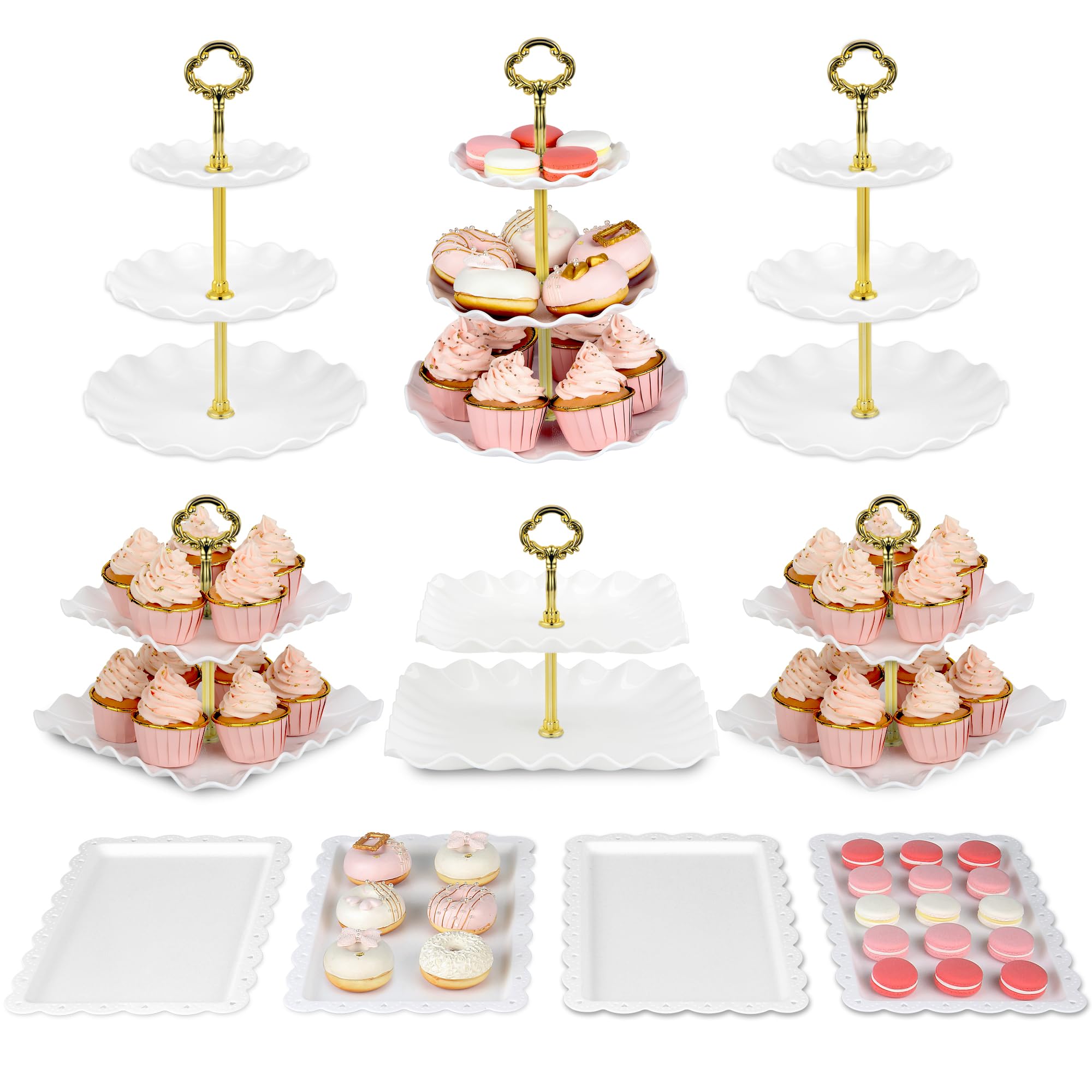 NWK three-tier round cake stands display desserts at an elegant party.