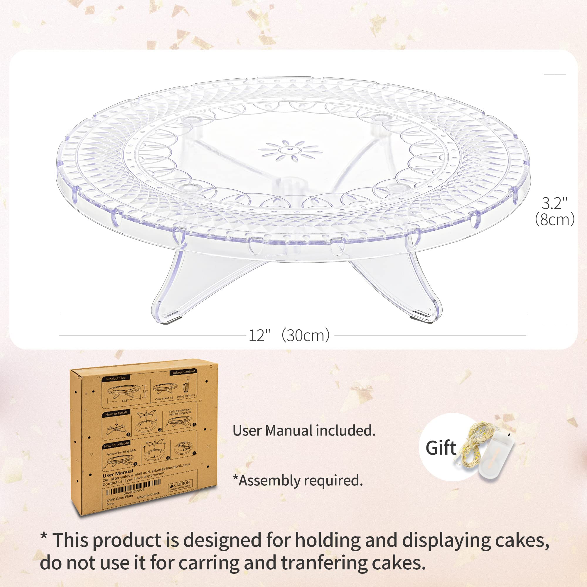 NWK clear plastic cake plate highlights desserts with a clean, modern look.