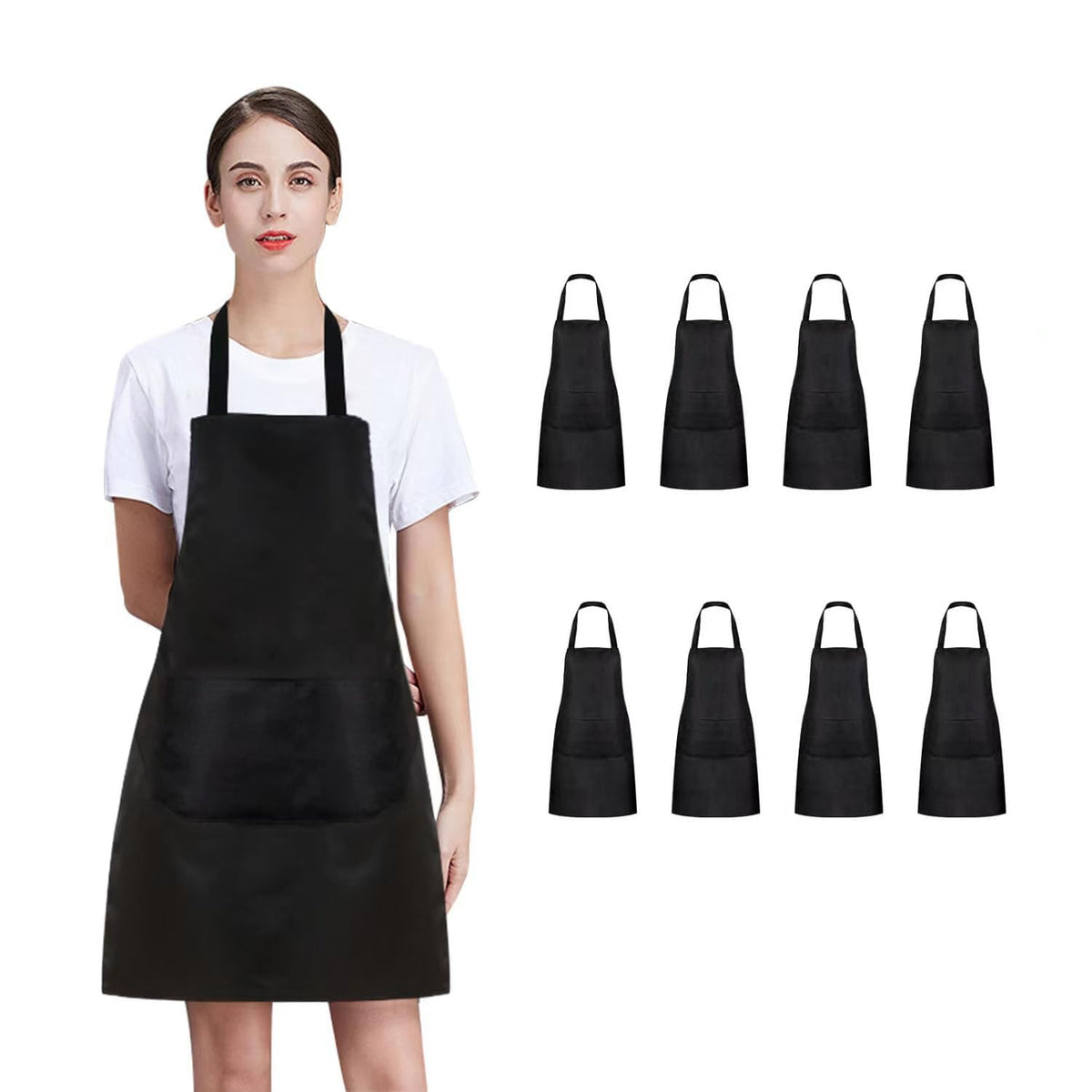 Nymmoata bib apron black front view with two pockets for easy access during cooking
