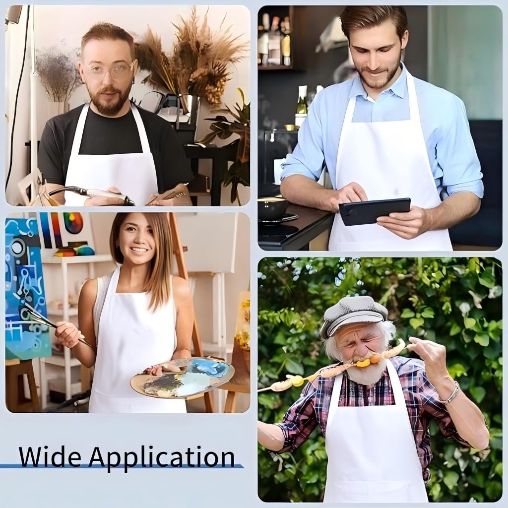 Nymmoata multi-purpose white apron for cooking, painting, and gardening.