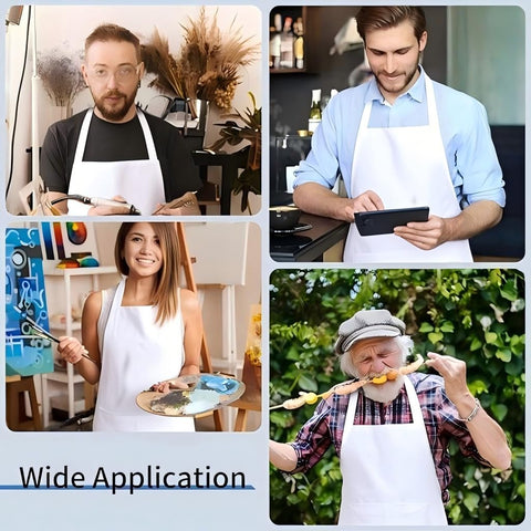 Nymmoata multi-purpose white apron for cooking, painting, and gardening.