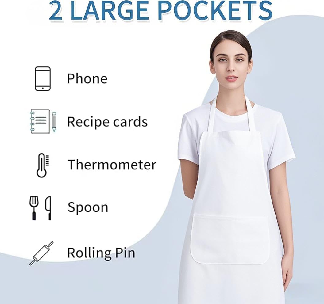 Nymmoata water-resistant white apron protects clothing from spills.