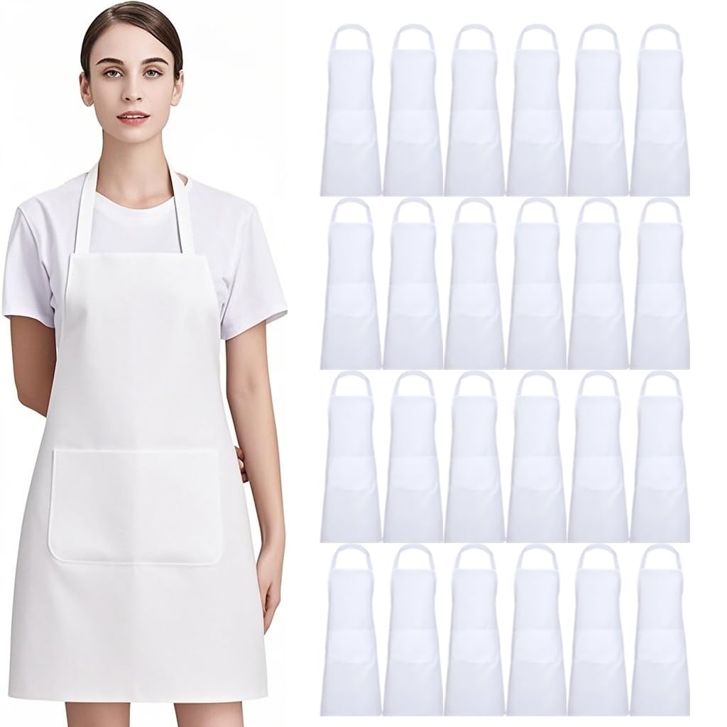 Nymmoata white bulk apron with two pockets and 34-inch ties for kitchen use.