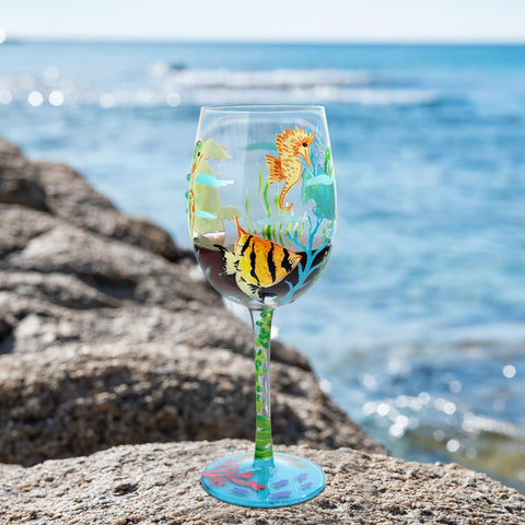NymphFable colorful turtles and seahorses on a glass for relaxing ambience.