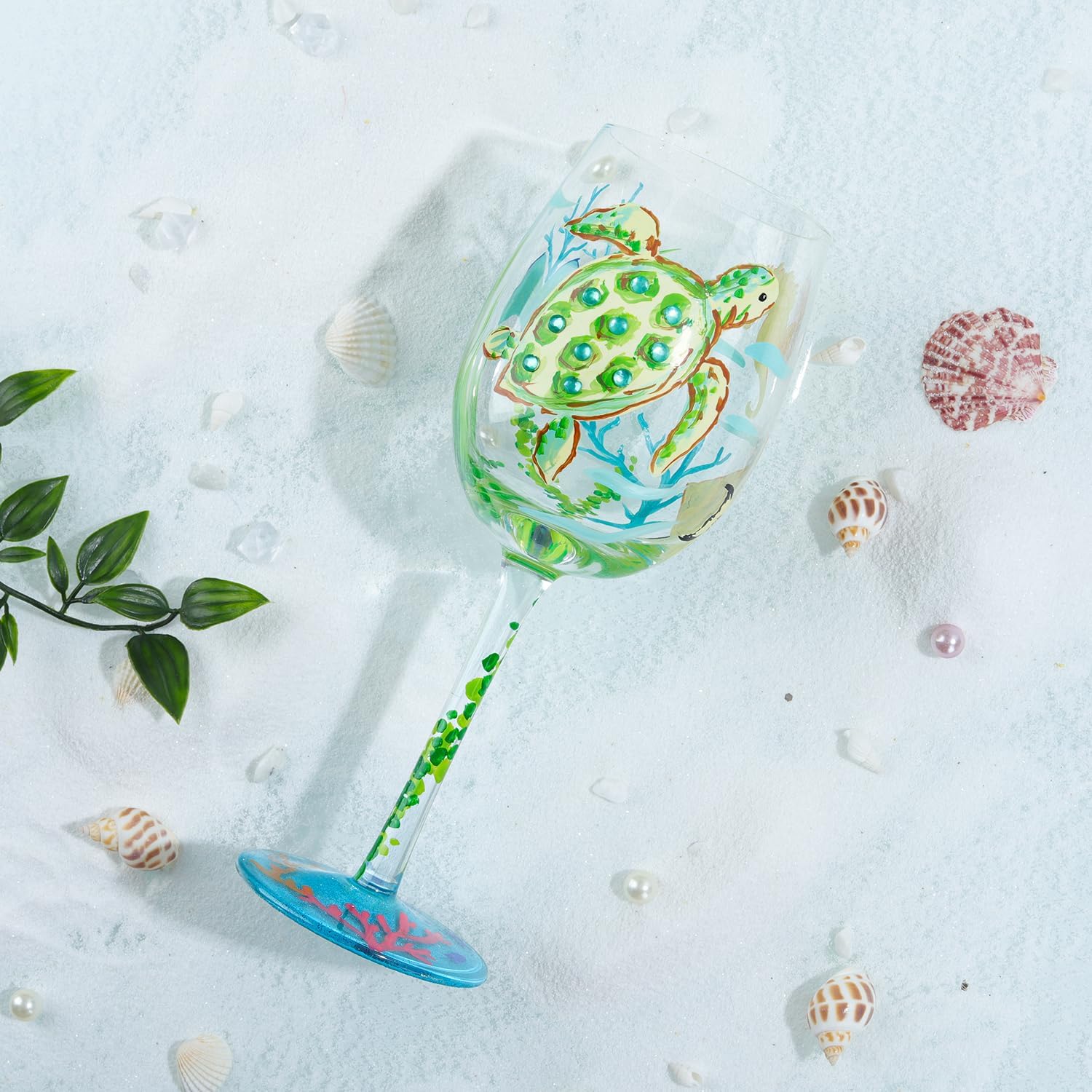 NymphFable hand-painted turtle detail on a 15oz wine glass for a coastal feel.