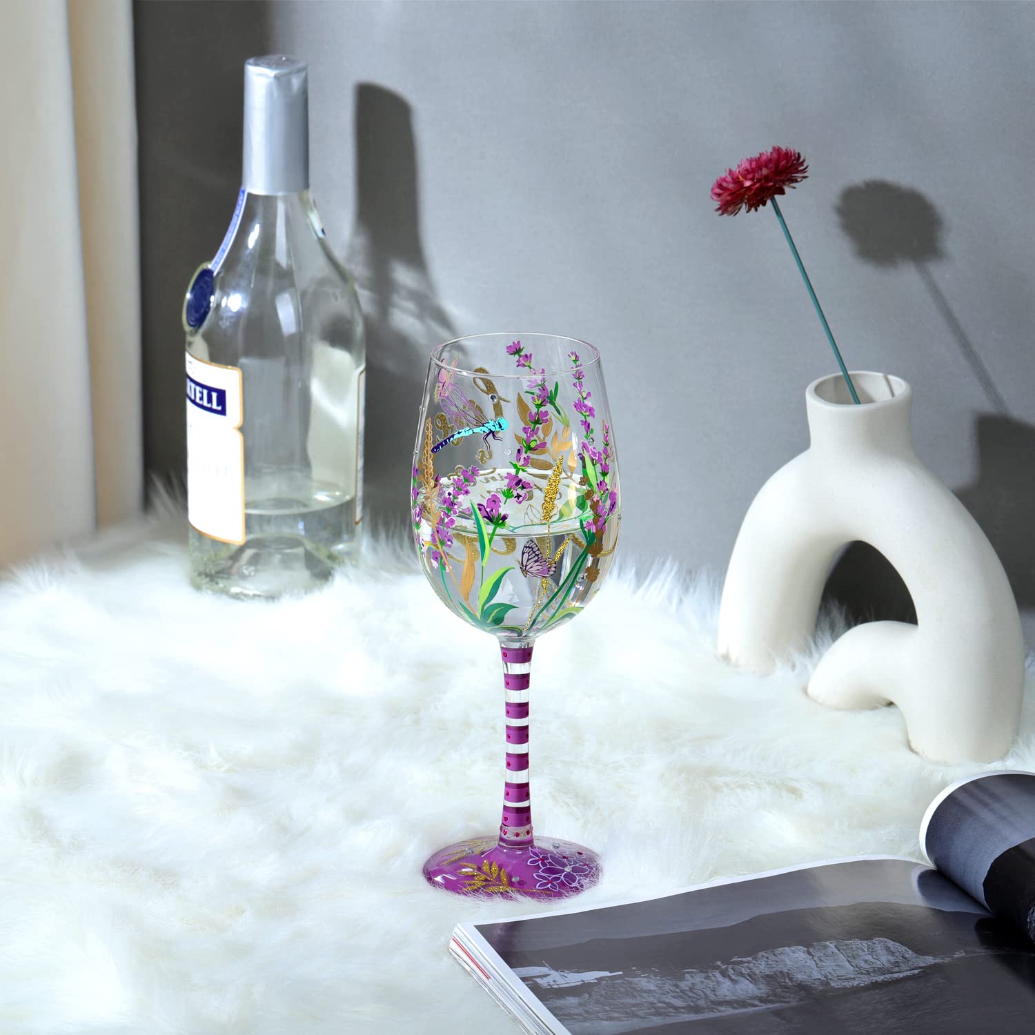 NymphFable hand-painted glass showing floral lavender and dragonfly artistry.