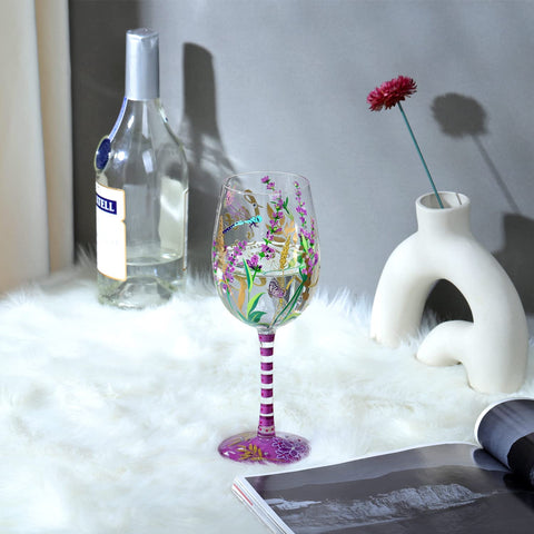 NymphFable hand-painted glass showing floral lavender and dragonfly artistry.