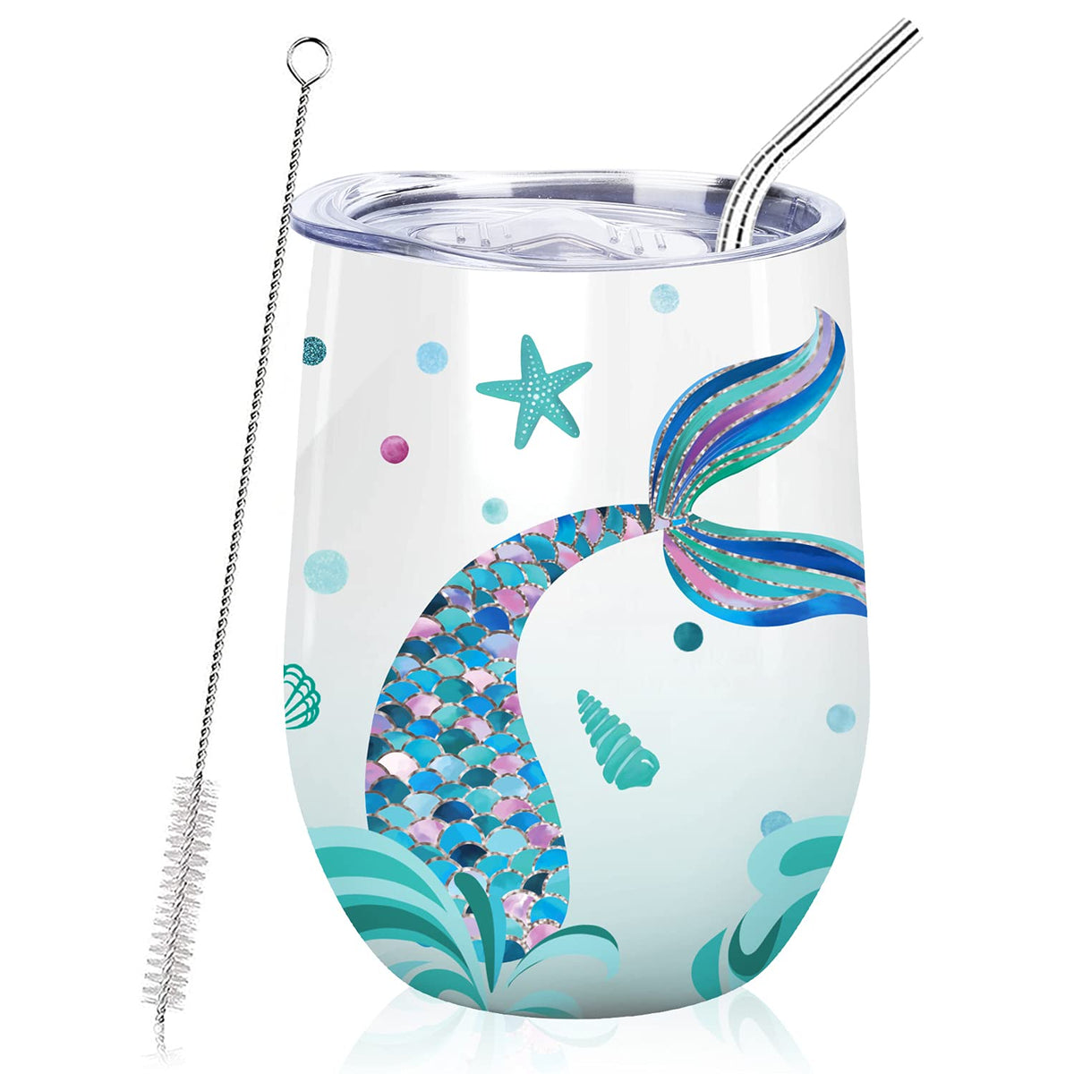 NymphFable mermaid-design wine tumbler preserves heat and cold for on-the-go use
