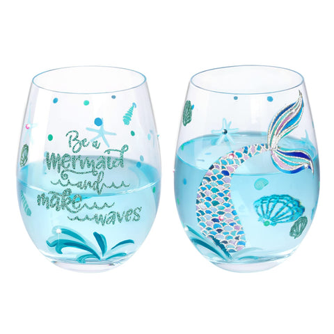NymphFable mermaid hand-painted stemless wine glass set for elegant entertaining