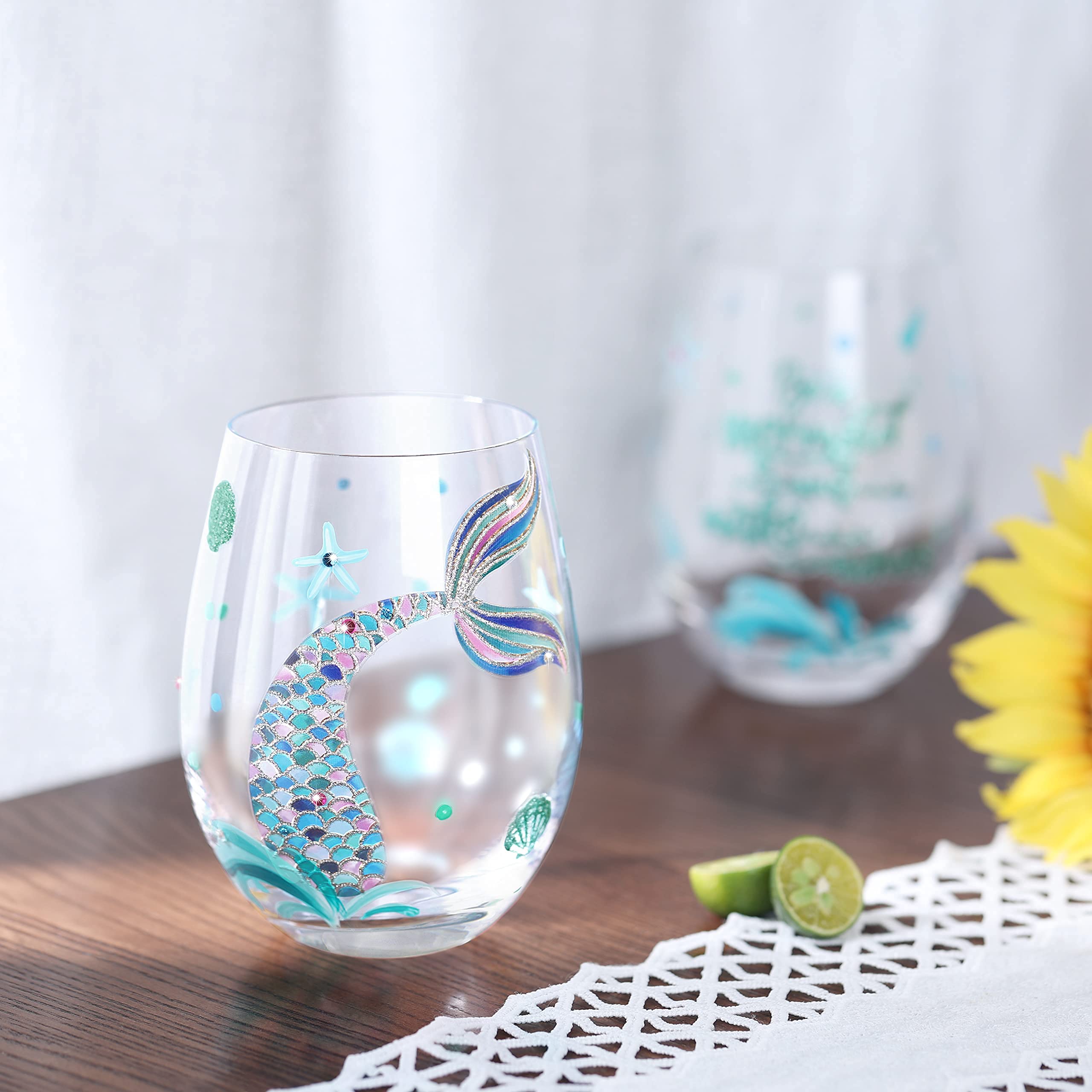 NymphFable mermaid stemless glass close-up showing artistry and sparkle