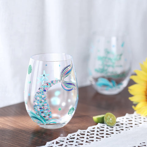 NymphFable mermaid stemless glass close-up showing artistry and sparkle