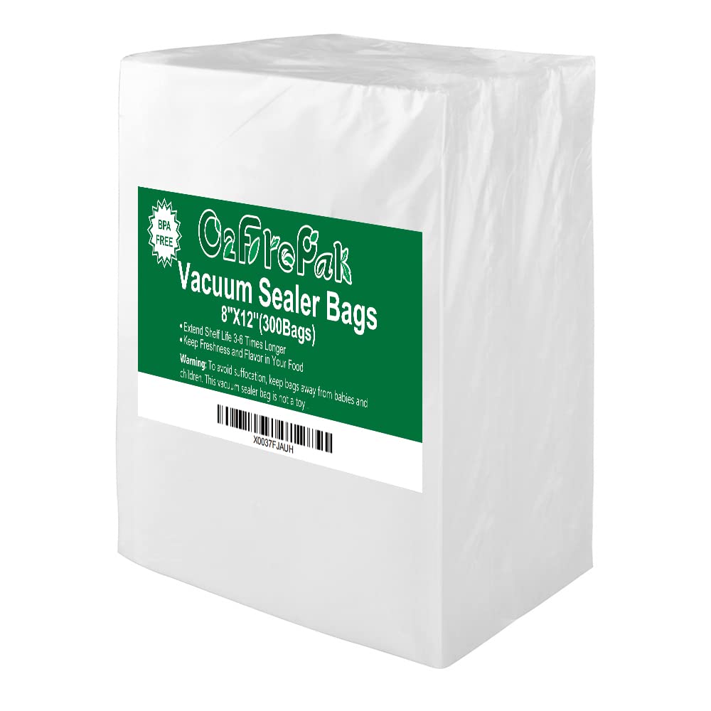O2frepak 300-count bags 8x12 front view showing universal clamp compatibility for quick sealing