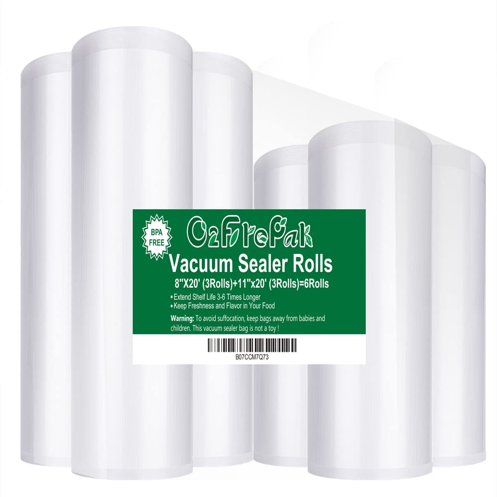 O2frepak 6-pack 8x20 inch vacuum rolls for precise sizing and versatile sealing.