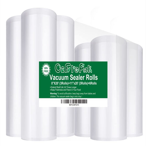 O2frepak 6-pack 8x20 inch vacuum rolls for precise sizing and versatile sealing.