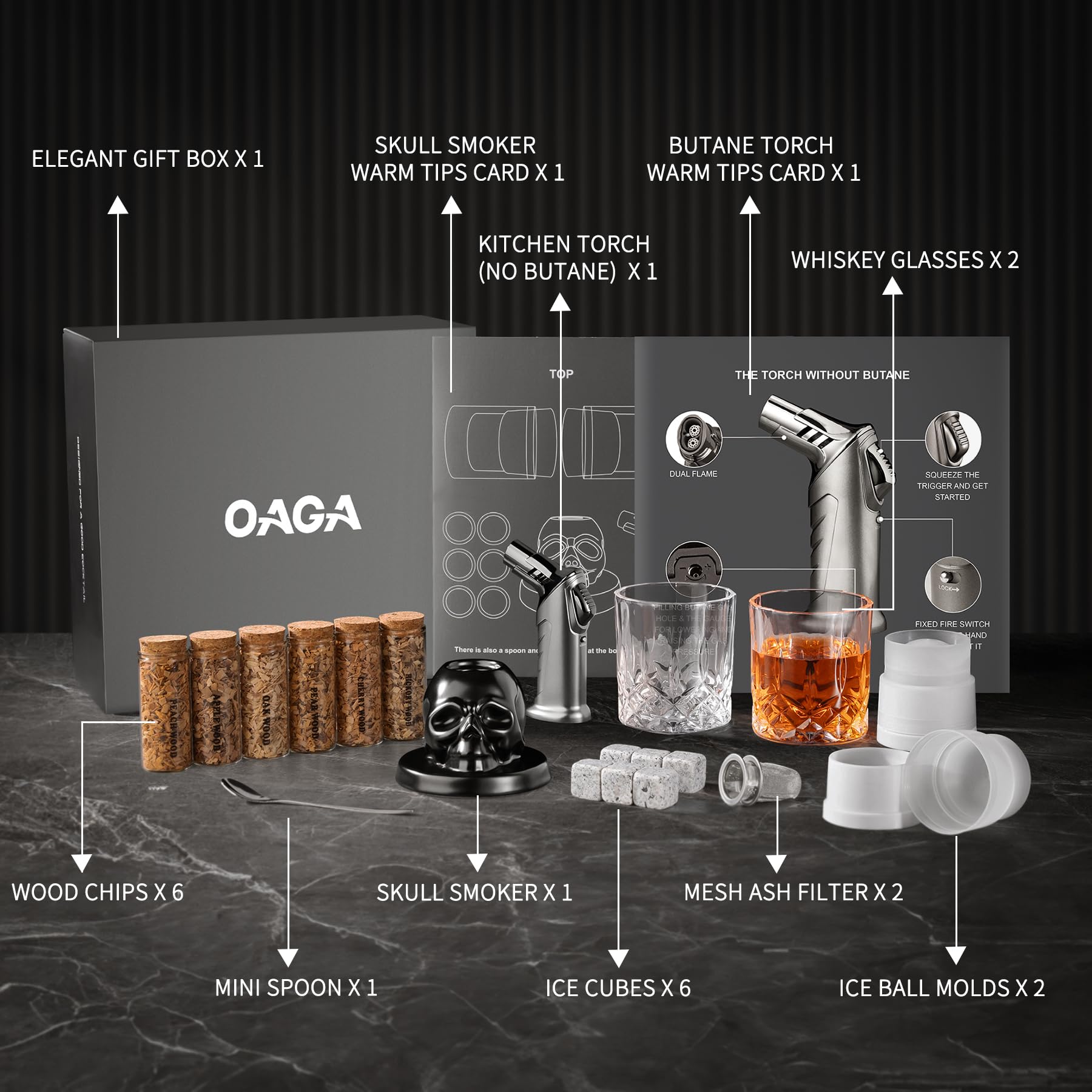 OAGA whiskey smoker kit ice cubes add chill to smoked cocktails.