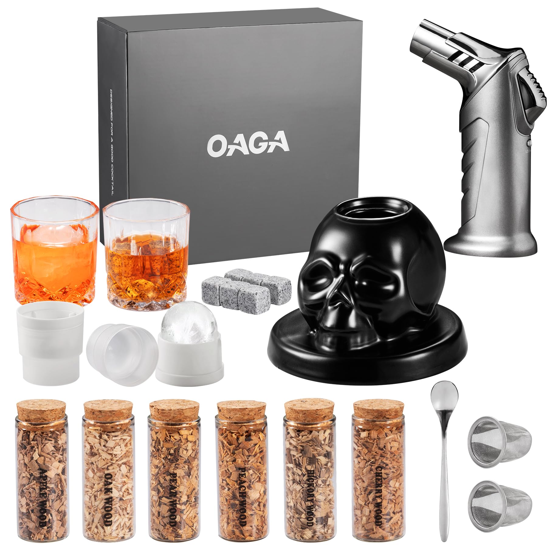 OAGA whiskey smoker kit skull top enhances aroma and dramatic cocktail presentation.