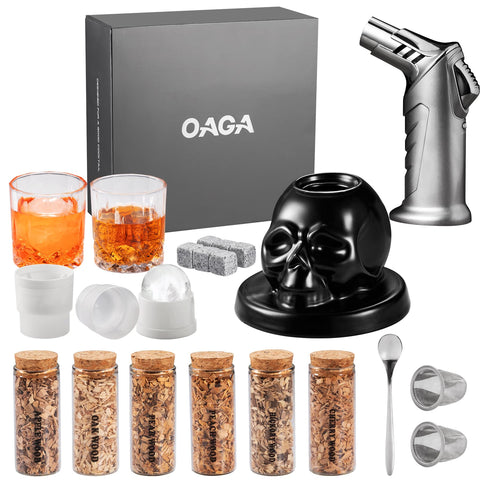 OAGA whiskey smoker kit skull top enhances aroma and dramatic cocktail presentation.