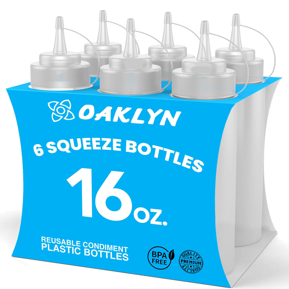 Oaklyn 16oz squeeze bottle with secure leak-proof cap for mess-free sauces.