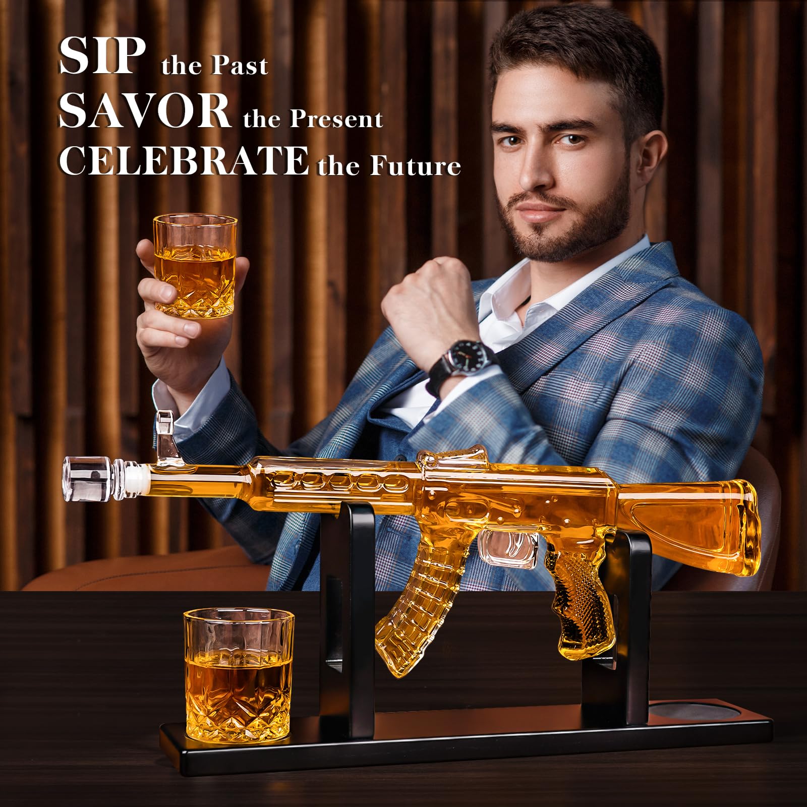 Oaksea home bar display featuring the AK47 decanter and glasses