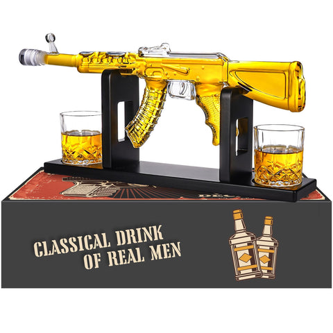 Oaksea AK47 whiskey decanter on a home bar, clear glass catching light