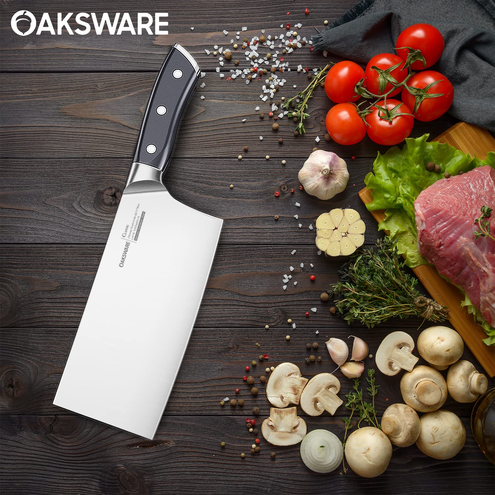 OAKSWARE cleaver edge at 57 Rockwell hardness for lasting sharpness
