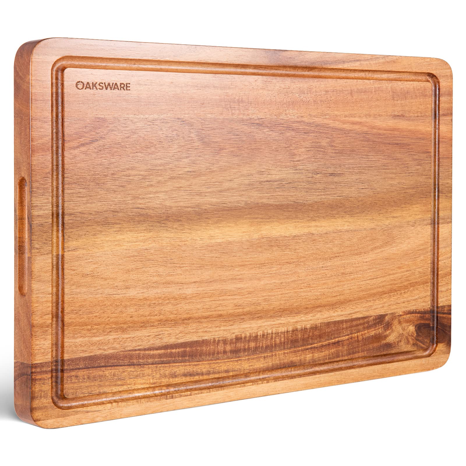 OAKSWARE cutting board with juice groove keeps counters clean during prep.