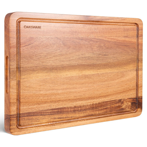 OAKSWARE cutting board with juice groove keeps counters clean during prep.