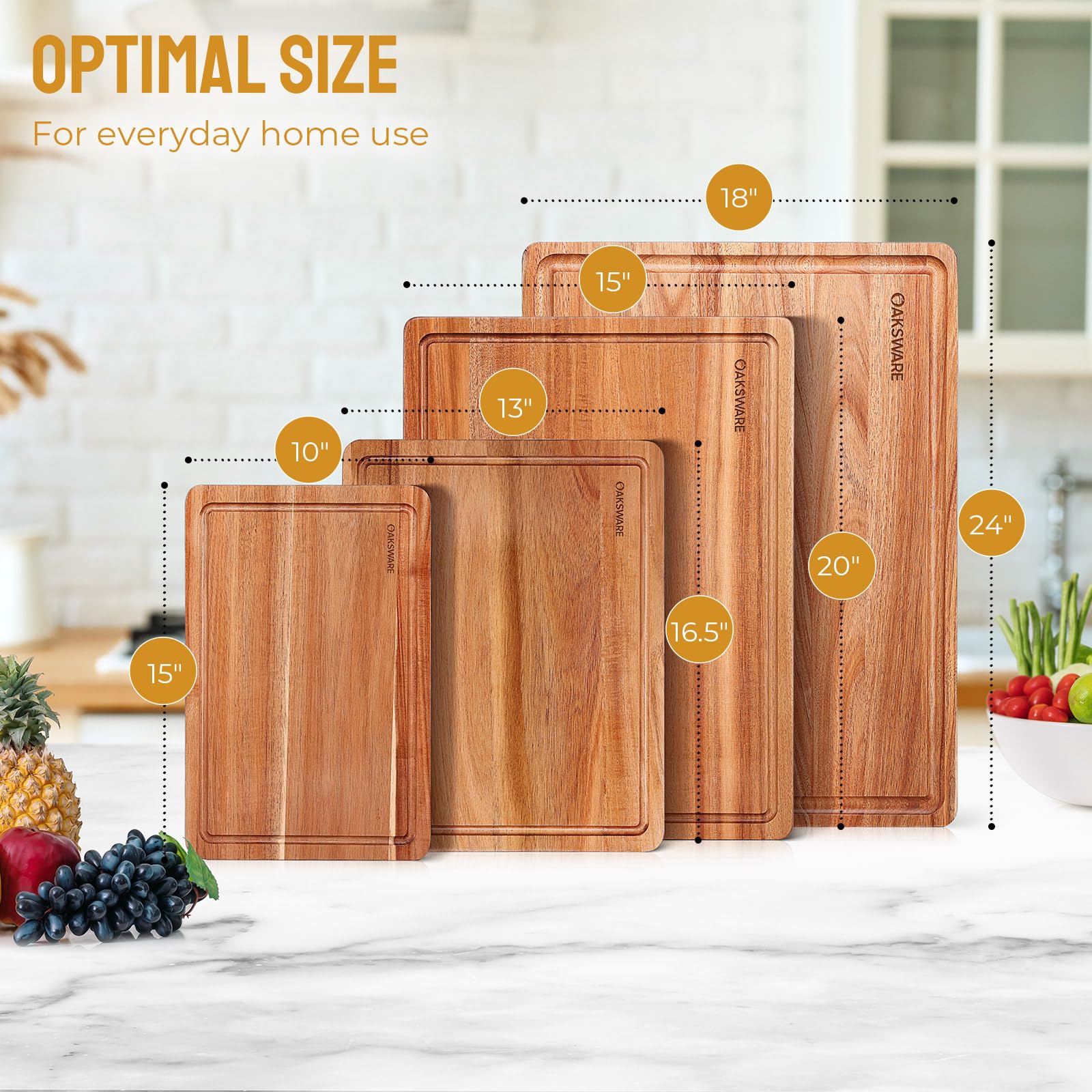 OAKSWARE acacia edge-grain board side view highlighting thickness