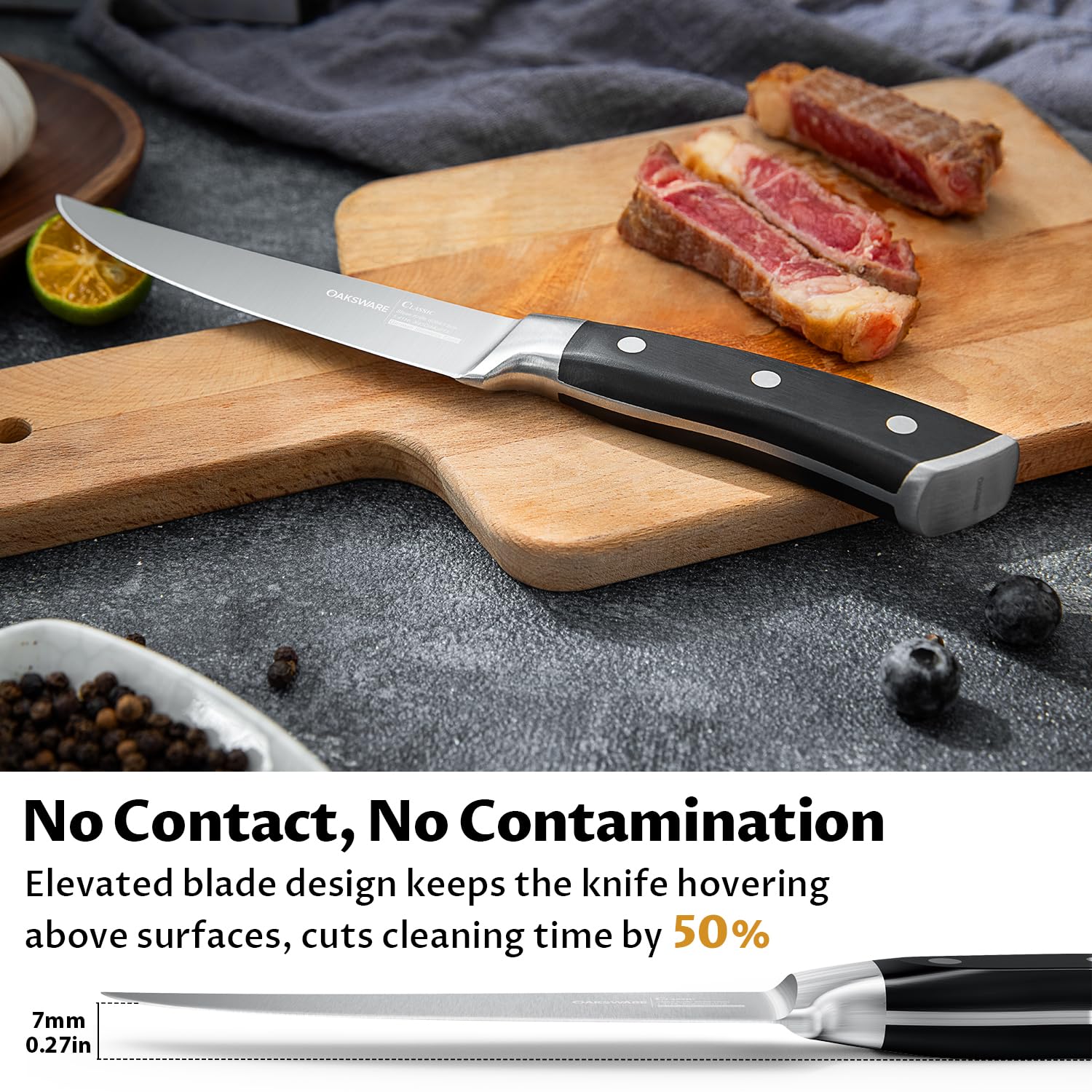 OAKSWARE full-tang ergonomic handle for balanced comfort during meals