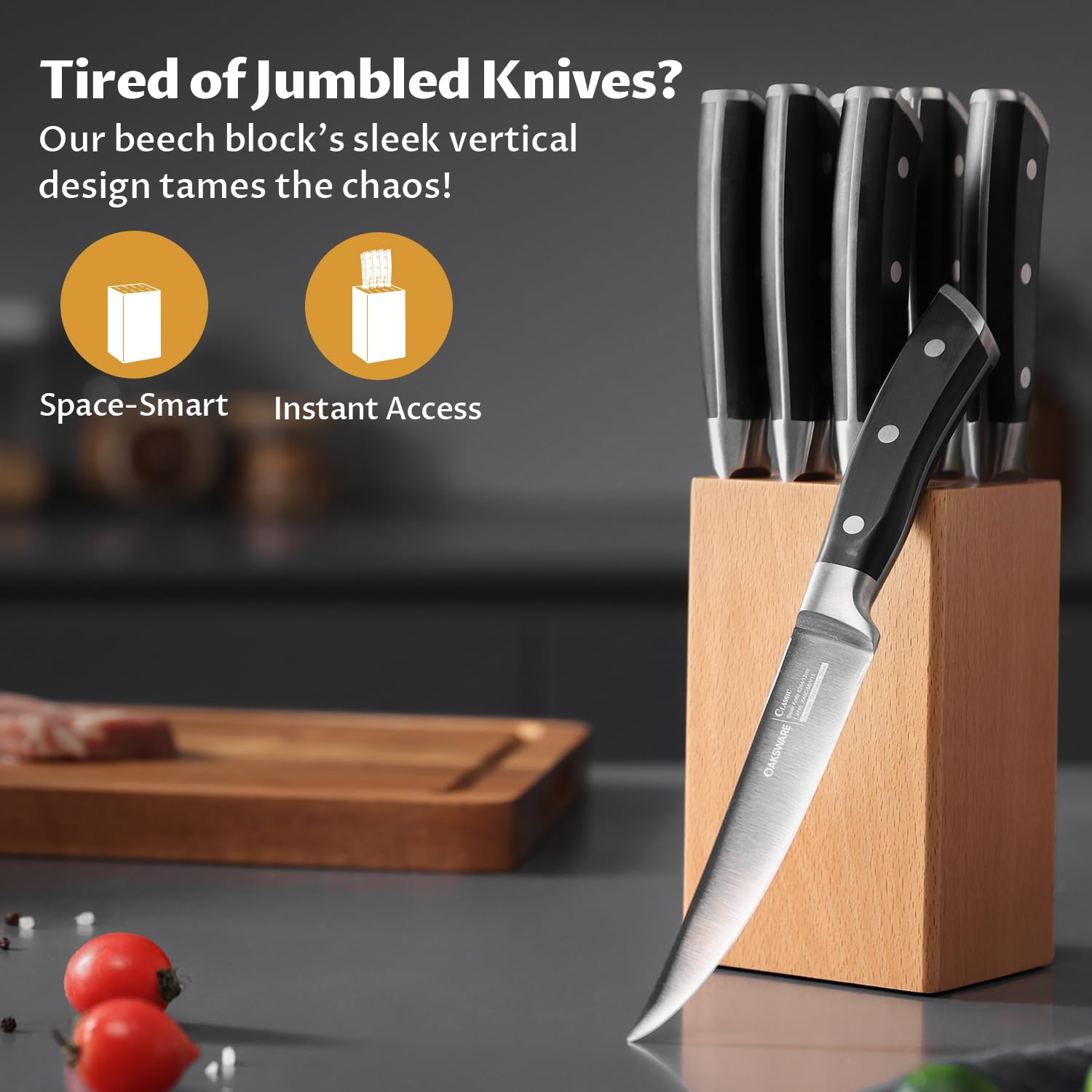 OAKSWARE German stainless steel blade highlighting razor-sharp edge for effortless cuts