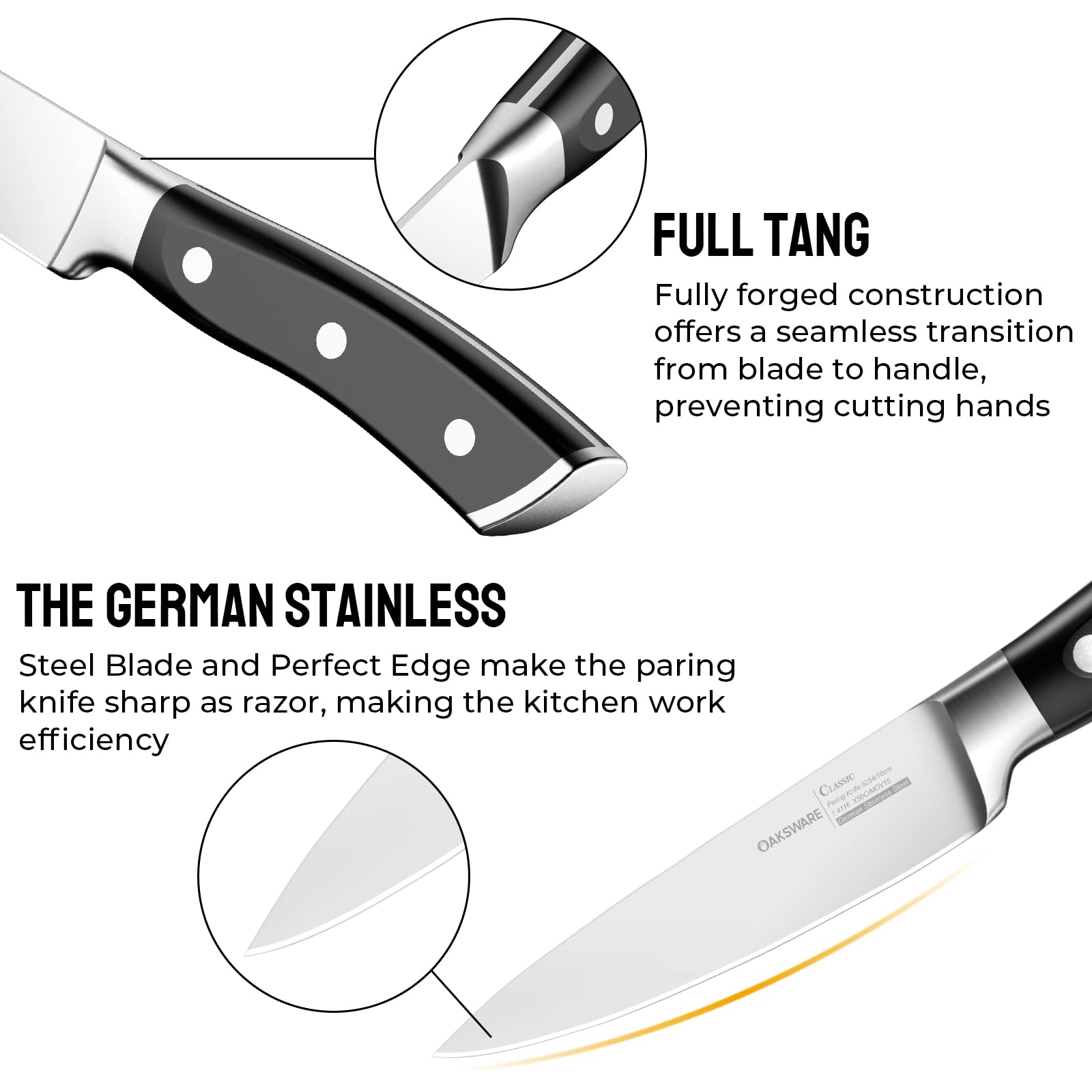 OAKSWARE paring knife with German steel blade for long-lasting sharpness in small cuts.