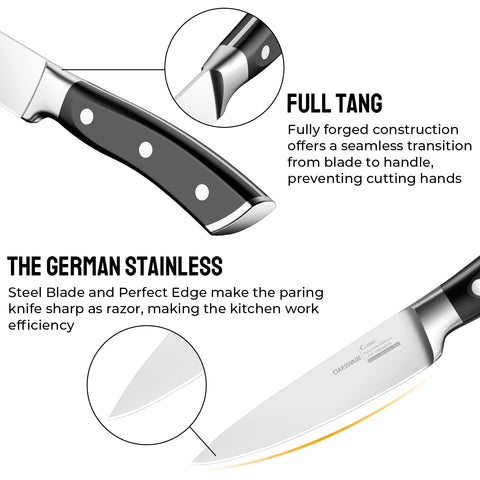 OAKSWARE paring knife with German steel blade for long-lasting sharpness in small cuts.