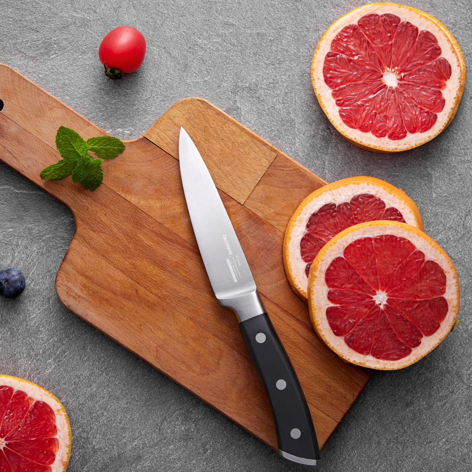 OAKSWARE paring knife care: hand wash to preserve gloss and edge.