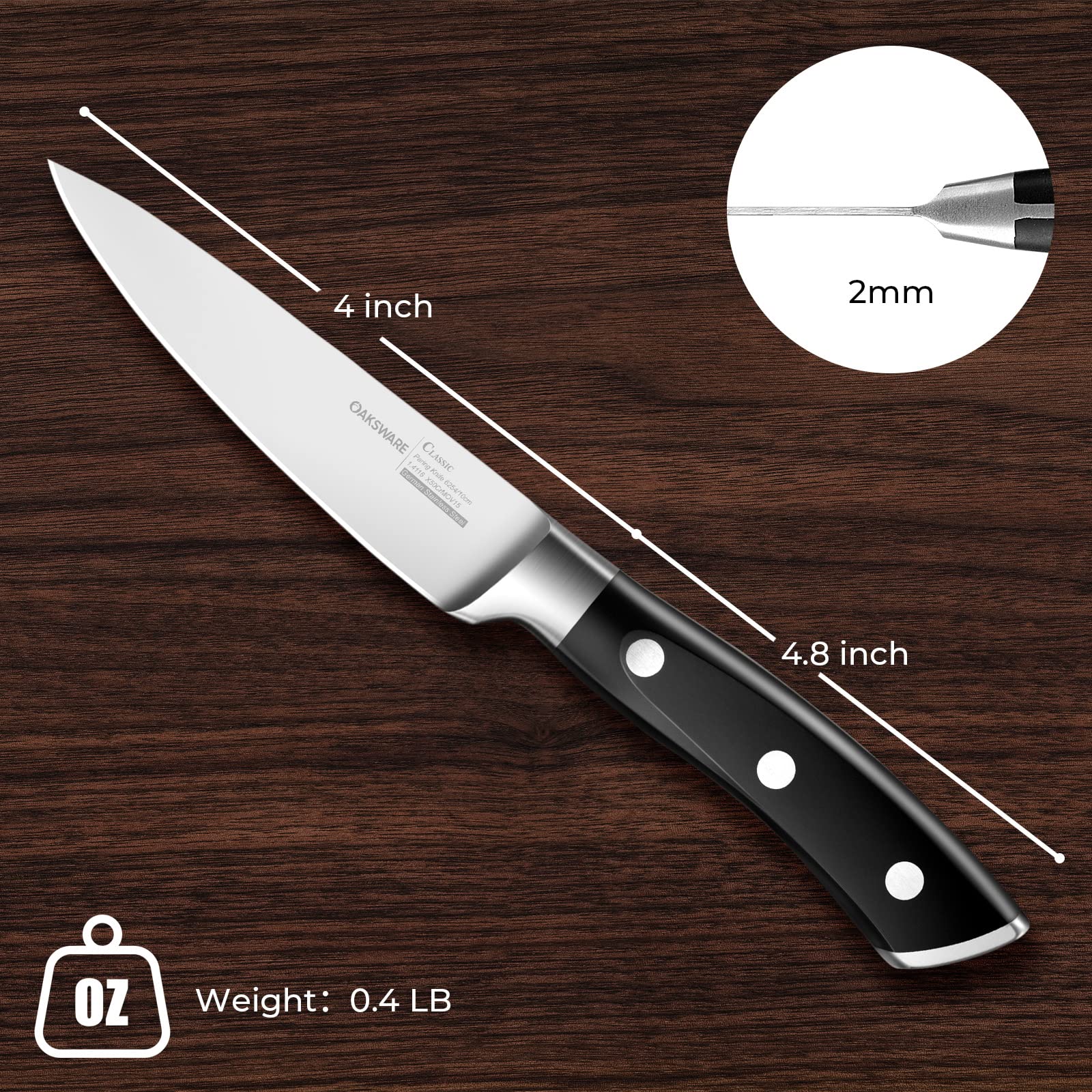 OAKSWARE paring knife compact design fits tight spaces for delicate prep.